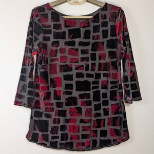 Velvet Burnout Top Womens M Red Black Sheer Lined Geometric Whimsy Goth Romantic